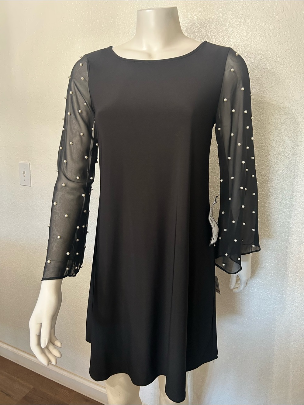 MSK Black Mini Dress with Sheer Pearl-Embellished Sleeves